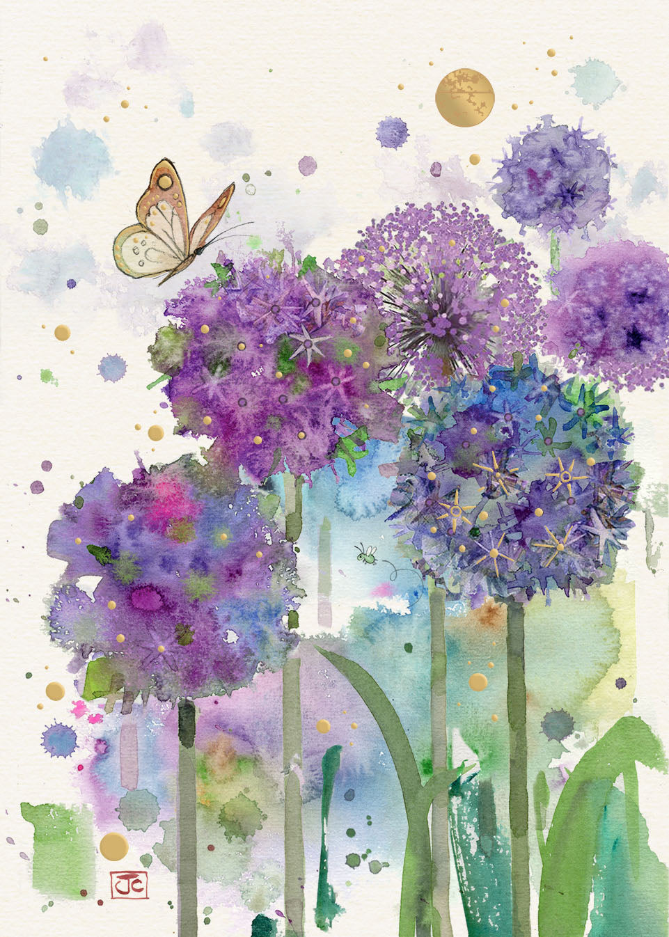 Carte de souhait - Fleurs mauves & papillon