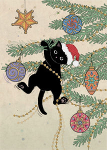 Carte de souhait de Noël sans texte - chat accroché sapin