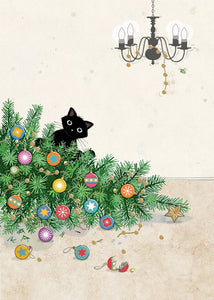 Carte de souhait de Noël sans texte - chat sapin tombé